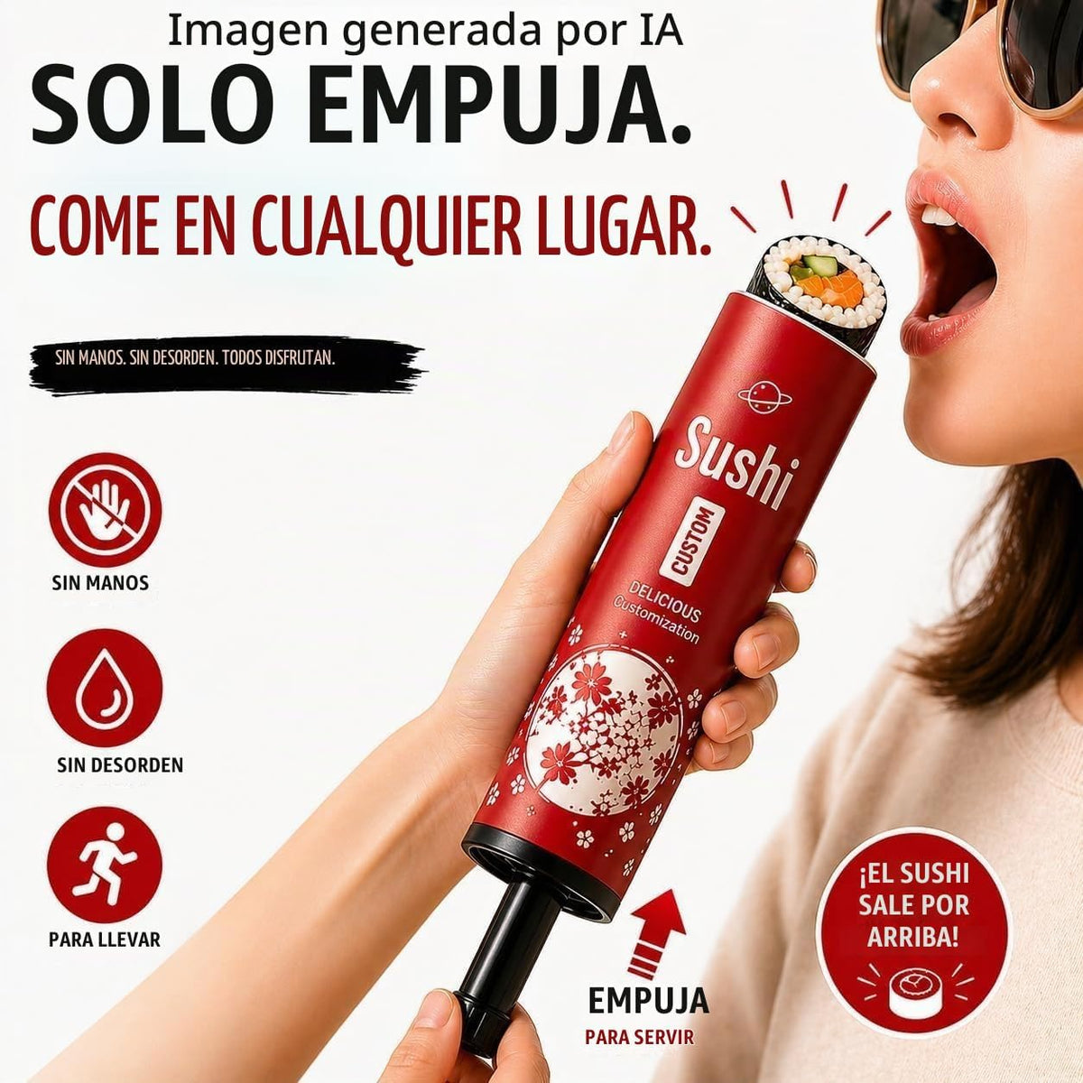 Tubo de sushi portátil, contenedor de sushi push-up, sin manos para comer sushi, soporte para rollo de sushi sobre la marcha con tubo de salsa para viajes, fiestas y comida para llevar (paquete