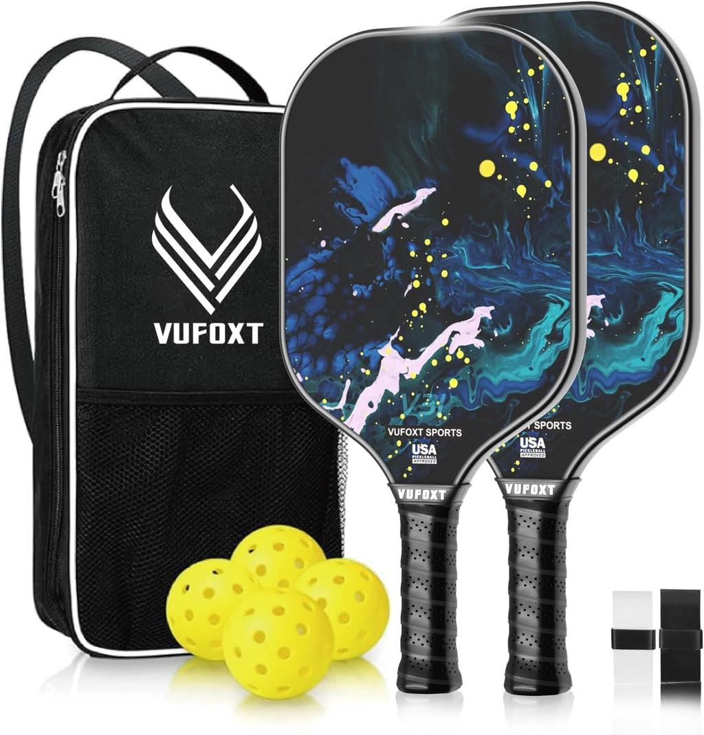 Juego de 2/4 palas de pickleball aprobadas por USAPA, juego de bolas de fibra de carbono aprobadas por USAPA – Núcleo de panal de polipropileno de 0.551 in de raquetas ligeras de pickleball – Adecuado