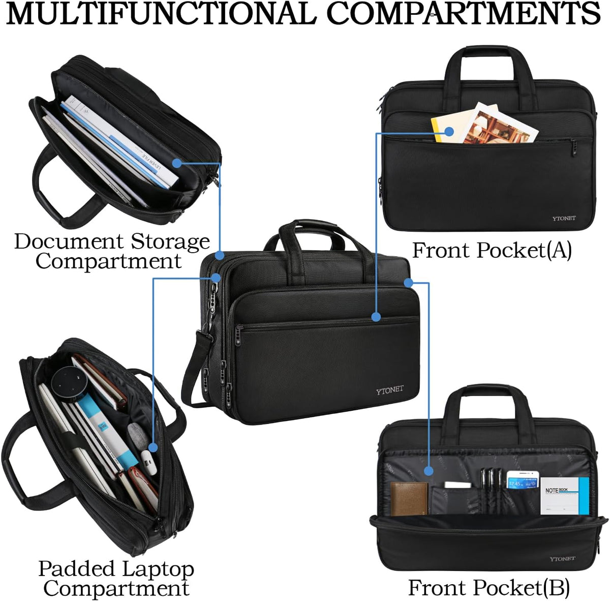 Bolsa de 17" para computadora portable, maletín de viaje con organizador, correa para colgar al hombro expansible, impermeable, para llevar computadora de 15.6", para hombre y para mujer.