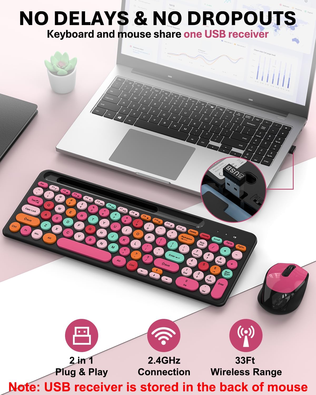 Colorido combo de teclado y mouse inalámbricos, teclas redondas, te...