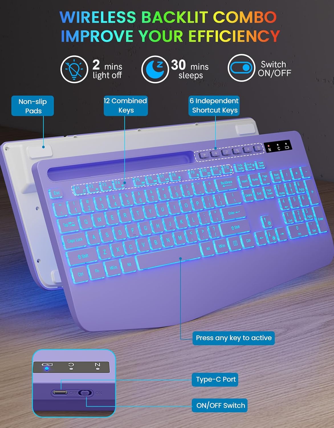 Teclado inalámbrico con retroiluminación de 7 colores, reposamuñeca...