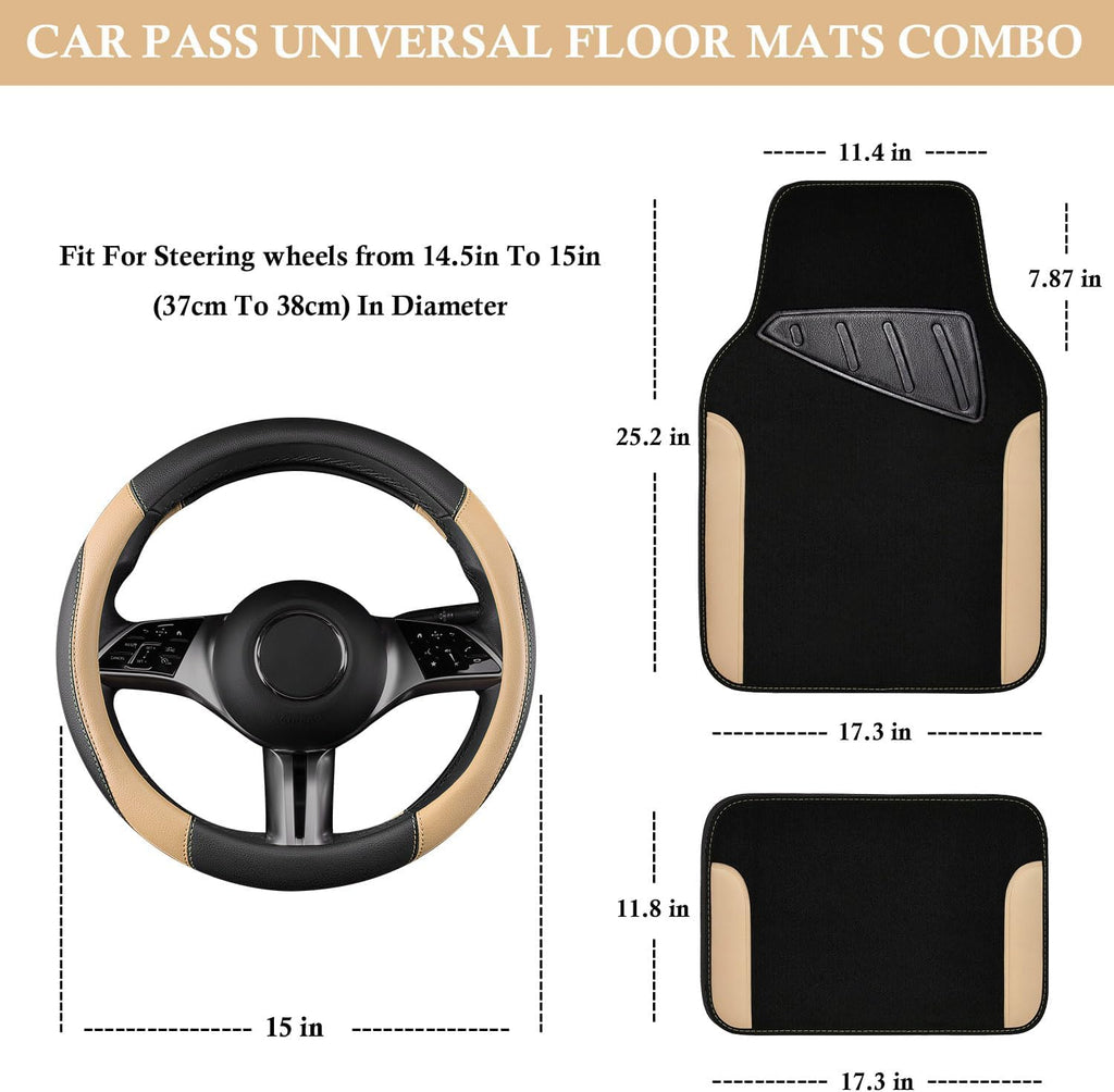 CAR PASS Funda de cuero sintético para volante y tapetes impermeables para automóvil, ajuste universal para el 95% de los sedán, SUV, automóviles, 14.5-15 pulgadas, diseño deportivo antideslizante, seguro, cómodo (negro y beige)
