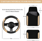 CAR PASS Funda de cuero sintético para volante y tapetes impermeables para automóvil, ajuste universal para el 95% de los sedán, SUV, automóviles, 14.5-15 pulgadas, diseño deportivo antideslizante, seguro, cómodo (negro y beige)
