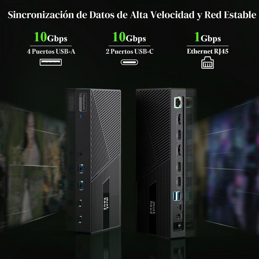 Minthouz DisplayLink - Estación de acoplamiento triple monitor 4K a 60Hz, base USB C 14 en 1 para MacBook Dell, HP Lenovo, adaptador de 160 W, carga PD de 100 W para Thunderbolt 5/4/3, 3HDMI, 2DP, 6