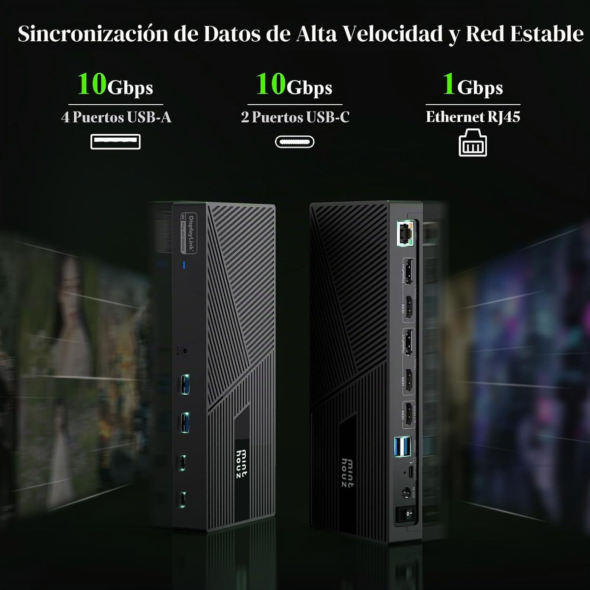 Minthouz DisplayLink - Estación de acoplamiento triple monitor 4K a 60Hz, base USB C 14 en 1 para MacBook Dell, HP Lenovo, adaptador de 160 W, carga PD de 100 W para Thunderbolt 5/4/3, 3HDMI, 2DP, 6