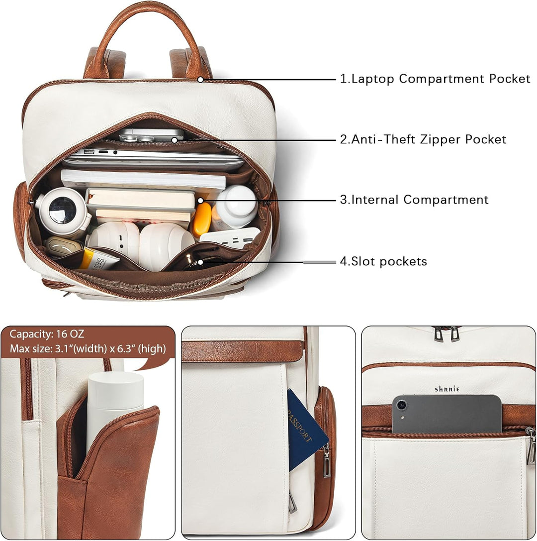 Shrrie Mochila de cuero para computadora portátil para mujer con 17...