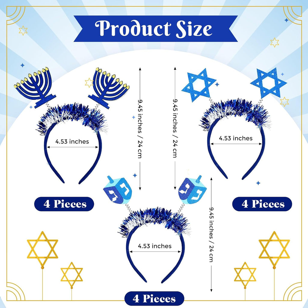 Lyrow 12 diademas de Hanukkah Boppers Janucá, diadema de fieltro de Menorá, estrella hexagonal Dreidel, regalos de fiesta de Hanukkah, 12 unidades