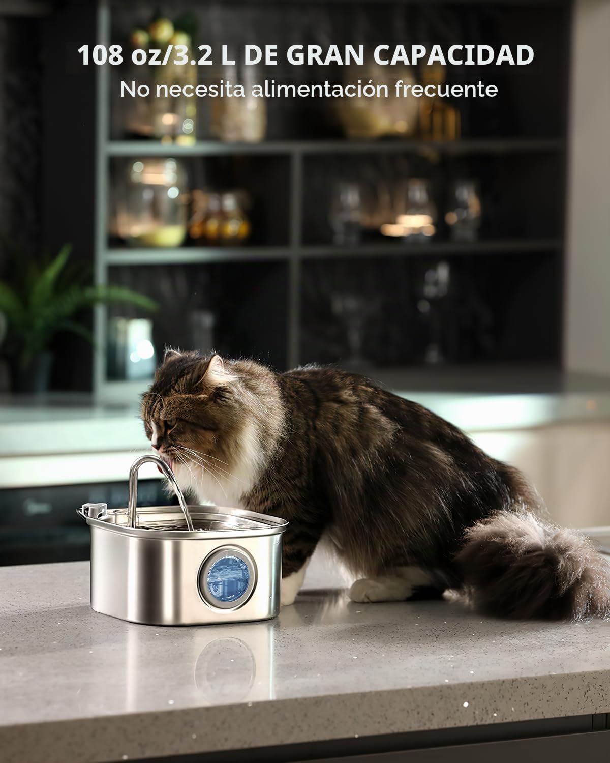 Fuente de agua para gatos de acero inoxidable: fuente automática de agua para mascotas de 108 oz/3.2 L, dispensador de agua para perros con ventana de nivel de agua, para gatos en el
