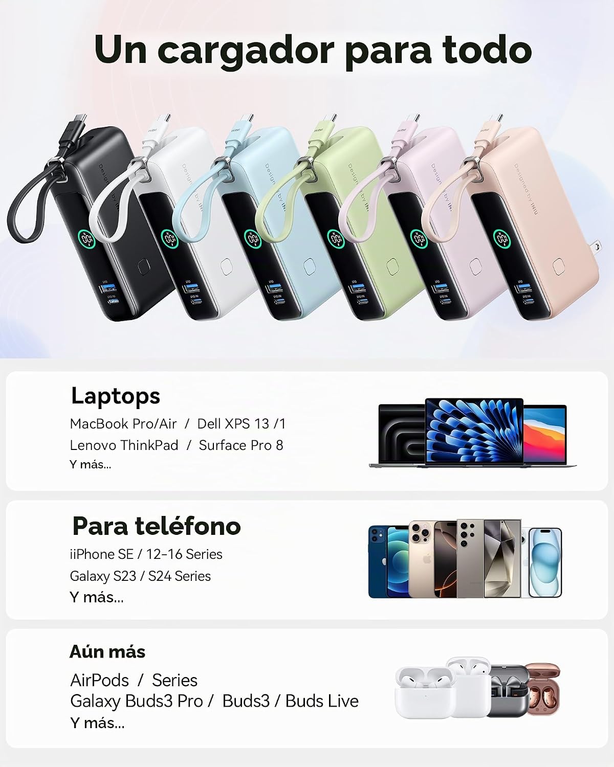 INIU Cargador portátil 3 en 1, banco de energía de carga rápida de...