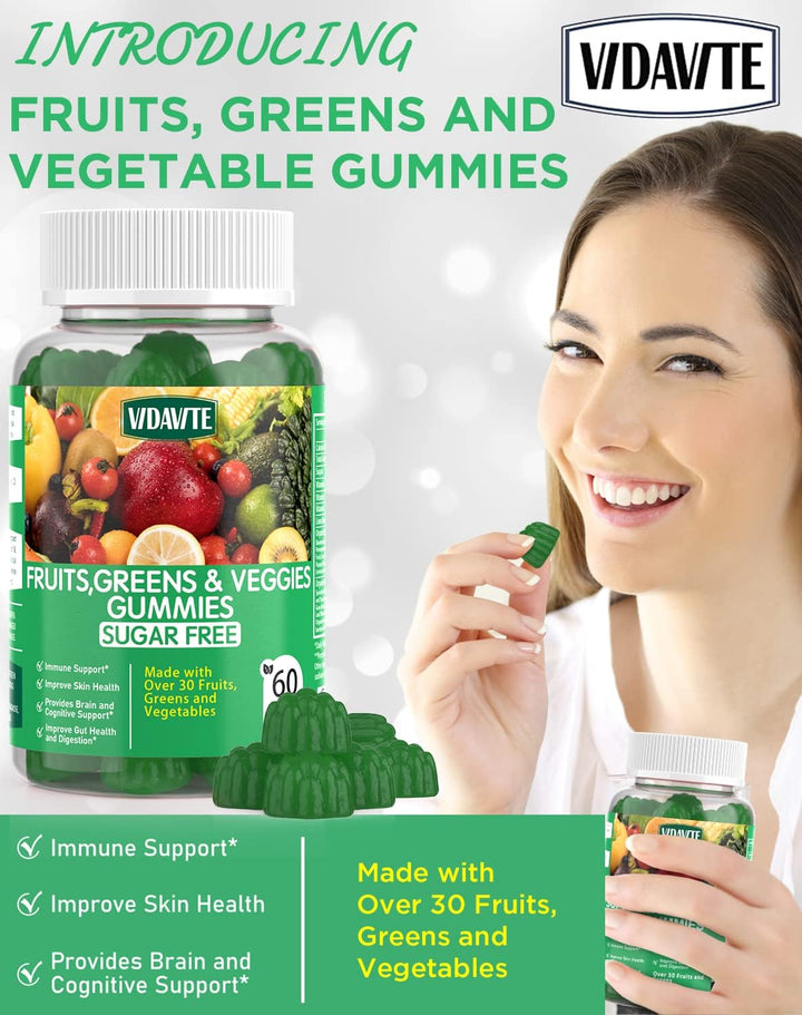 VIDAVITE Gomitas Super Greens sin azúcar, hechas en Estados Unidos,...