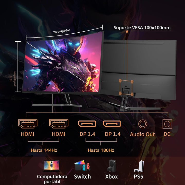 SANSUI Monitor de juegos curvo de 32 pulgadas WQHD 2560 x 1440 180H...