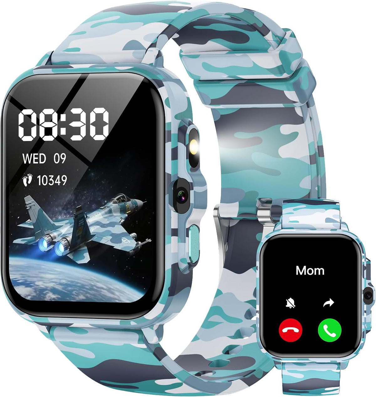Reloj inteligente para niños de 5 a 12 años, juegos de funciones Ai con pantalla táctil HD, con cámara de video, reproductor de música, podómetro, ritmo cardíaco, rastreador de sueño, regalos de Navidad y cumpleaños para niños (camuflaje, 1.85 pulgadas)