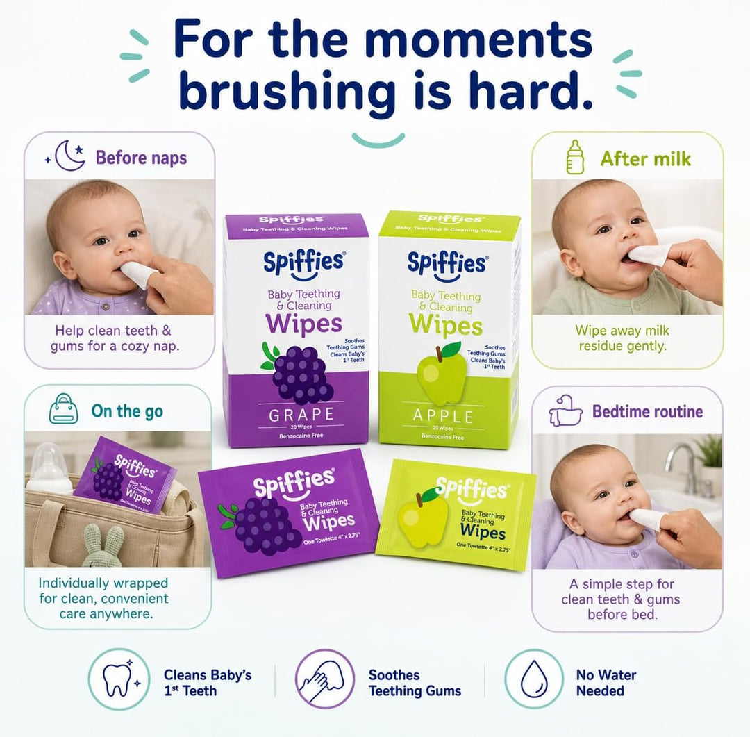 Spiffies - Toallitas de dientes de xilitol para bebés, manzana y uv...