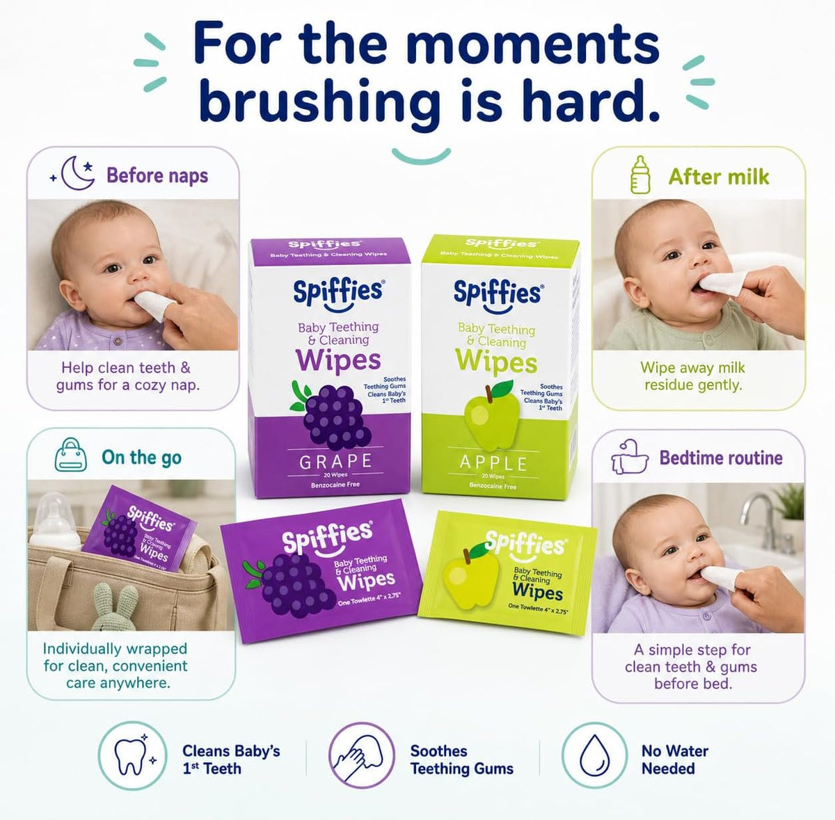 Spiffies - Toallitas de dientes de xilitol para bebés, manzana y uv...