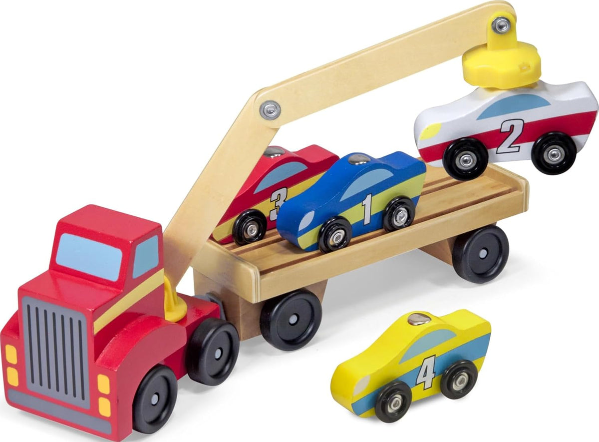 Juego de camión remolque de vehículos Melissa & Doug magnético con 4 vehículos y 1 camión semirremolque, Estándar