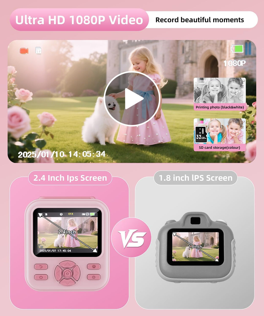 Cámara de impresión instantánea para niños y niñas, cámaras HD de 4...