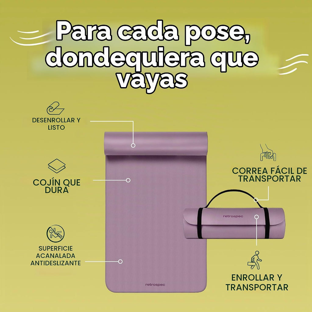 Retrospec Solana - Tapete de yoga de 1 pulgada de grosor con correa de nailon, unisex, antideslizante, para yoga, pilates, estiramiento, ejercicios en el suelo y entrenamiento físico