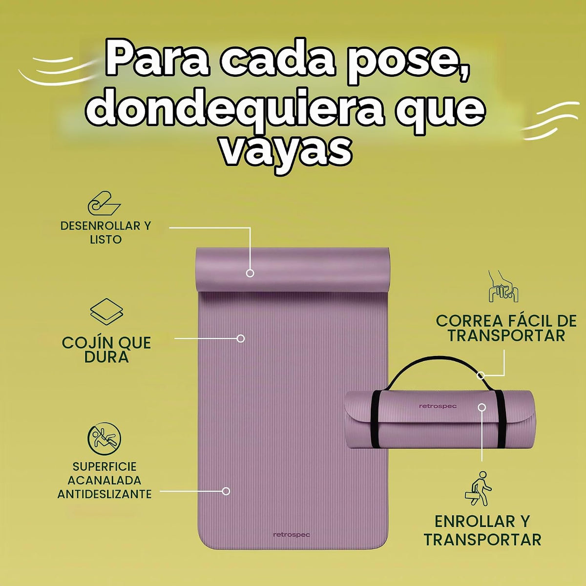 Retrospec Solana - Tapete de yoga de 1 pulgada de grosor con correa de nailon, unisex, antideslizante, para yoga, pilates, estiramiento, ejercicios en el suelo y entrenamiento físico