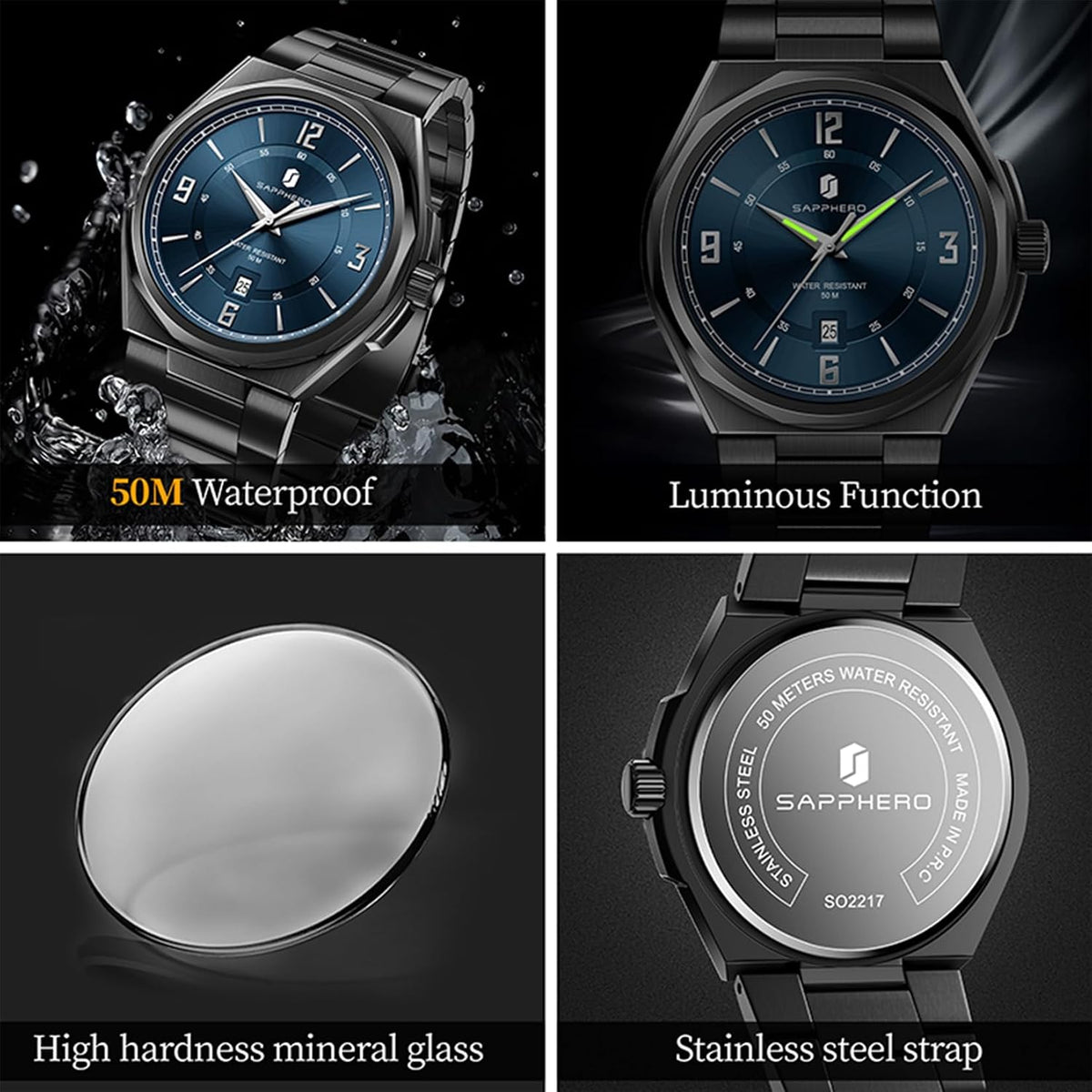 SAPPHERO Reloj para hombre con subesfera de fecha/esfera de números arábigos, cuarzo analógico, correa de acero inoxidable/piel, 164 ft impermeable, reloj de pulsera de vestir casual para trabajo de