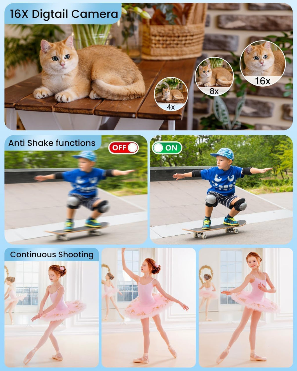 Cámara digital 4K de enfoque automático para vlogging para fotografía con zoom de 16X antivibración, tarjeta de 32 GB, cámara portátil compacta de 48 MP, regalo para niños y niñas principiantes