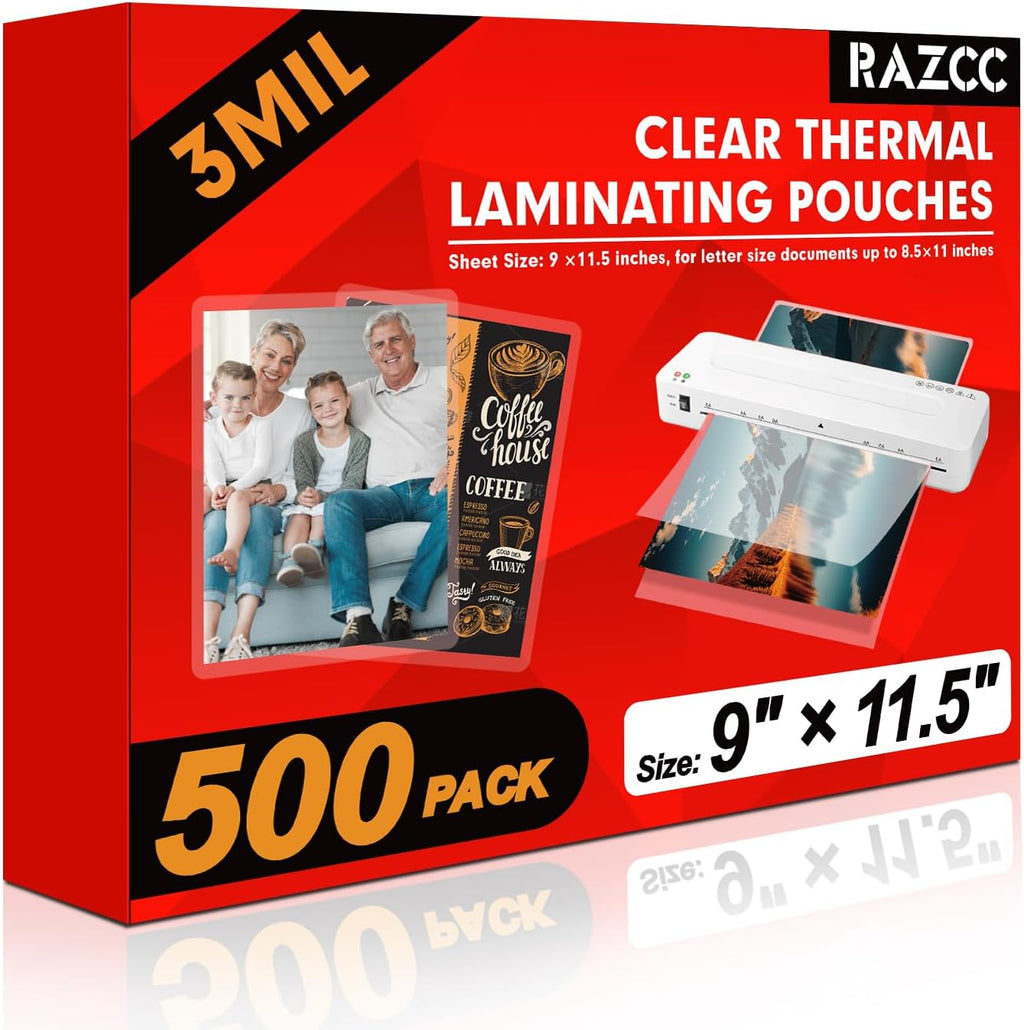 Hojas de laminación, paquete de 500 hojas laminadoras de papel de plástico laminado térmico transparente, 9 x 11.5 pulgadas, 3 mil, suministros ideales para oficina o escuela