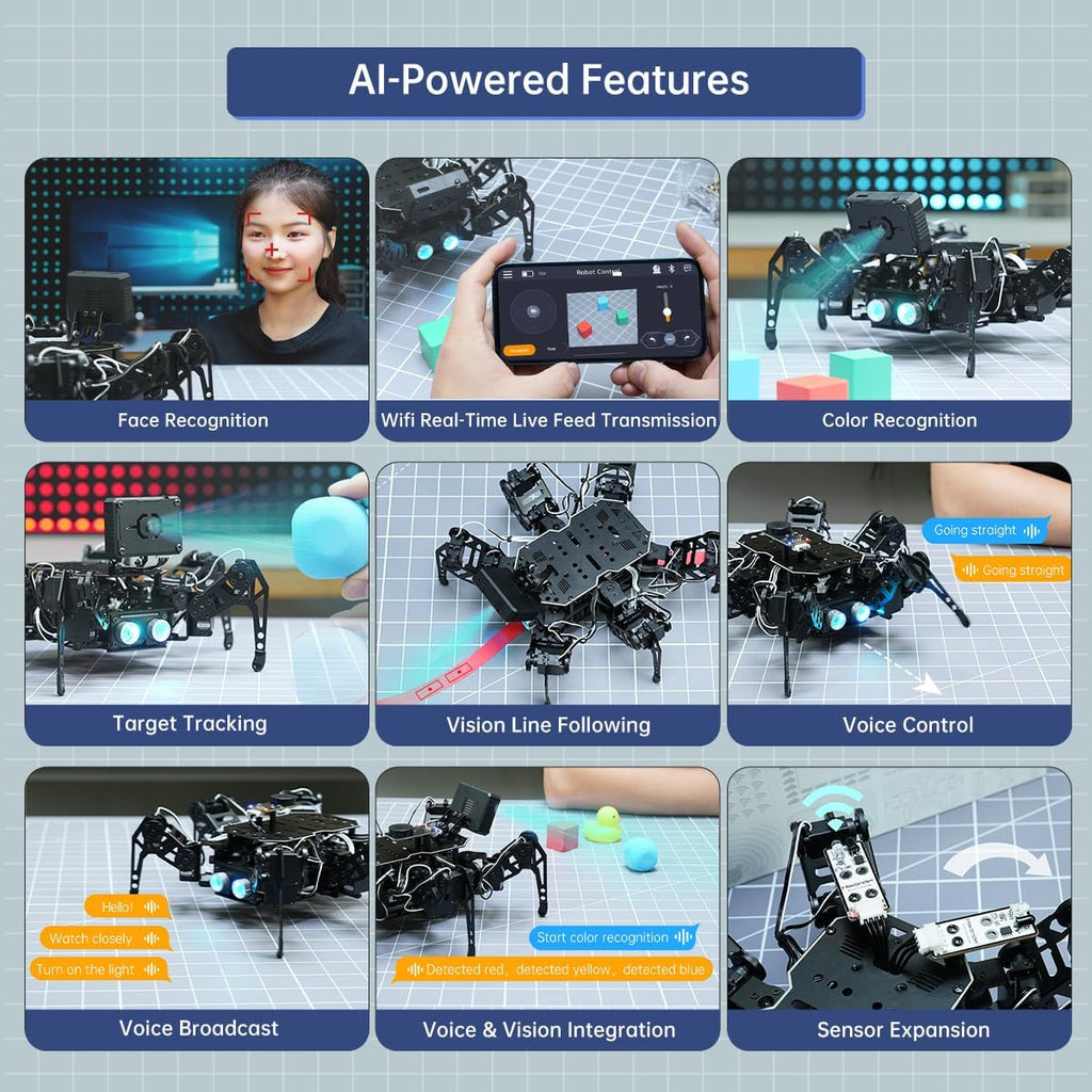 Robot hexápodo 18DOF para programación Arduino, Spider Walking Crawling Self-Balancing AI Visión Control de Voz, Evitación de Obstáculos, Educación STEM Robot de código abierto con tutoriales, kit estándar miniHexa