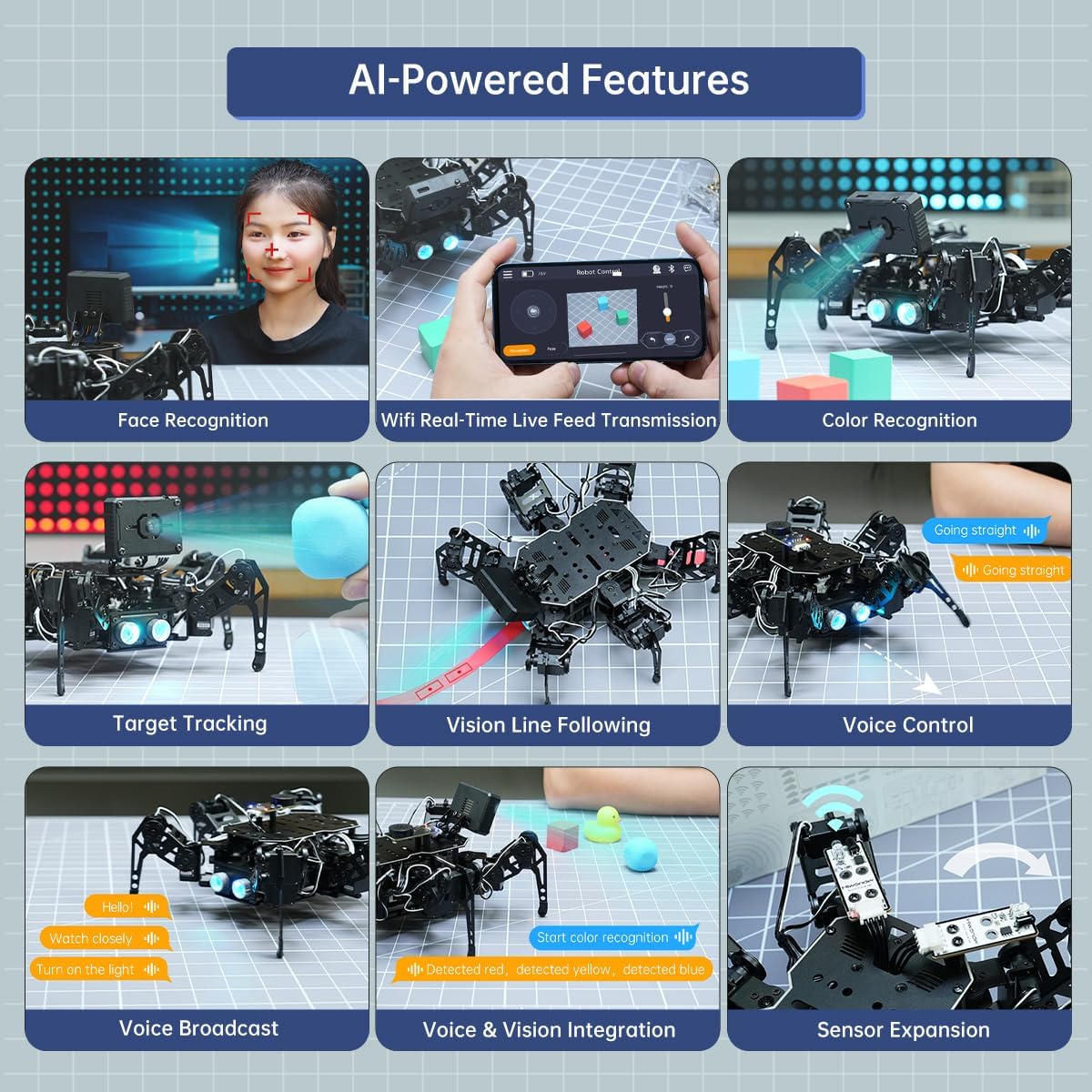 Robot hexápodo 18DOF para programación Arduino, Spider Walking Crawling Self-Balancing AI Visión Control de Voz, Evitación de Obstáculos, Educación STEM Robot de código abierto con tutoriales, kit estándar miniHexa