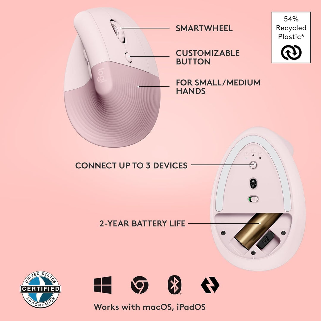 Logitech Lift - Mouse óptico, ergonómico y vertical, uso inalámbric...