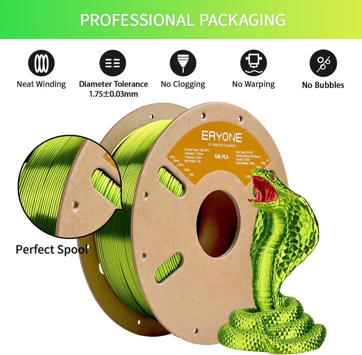 ERYONE Filamento PLA de seda para impresora 3D, 0.069 pulgadas +\/-...