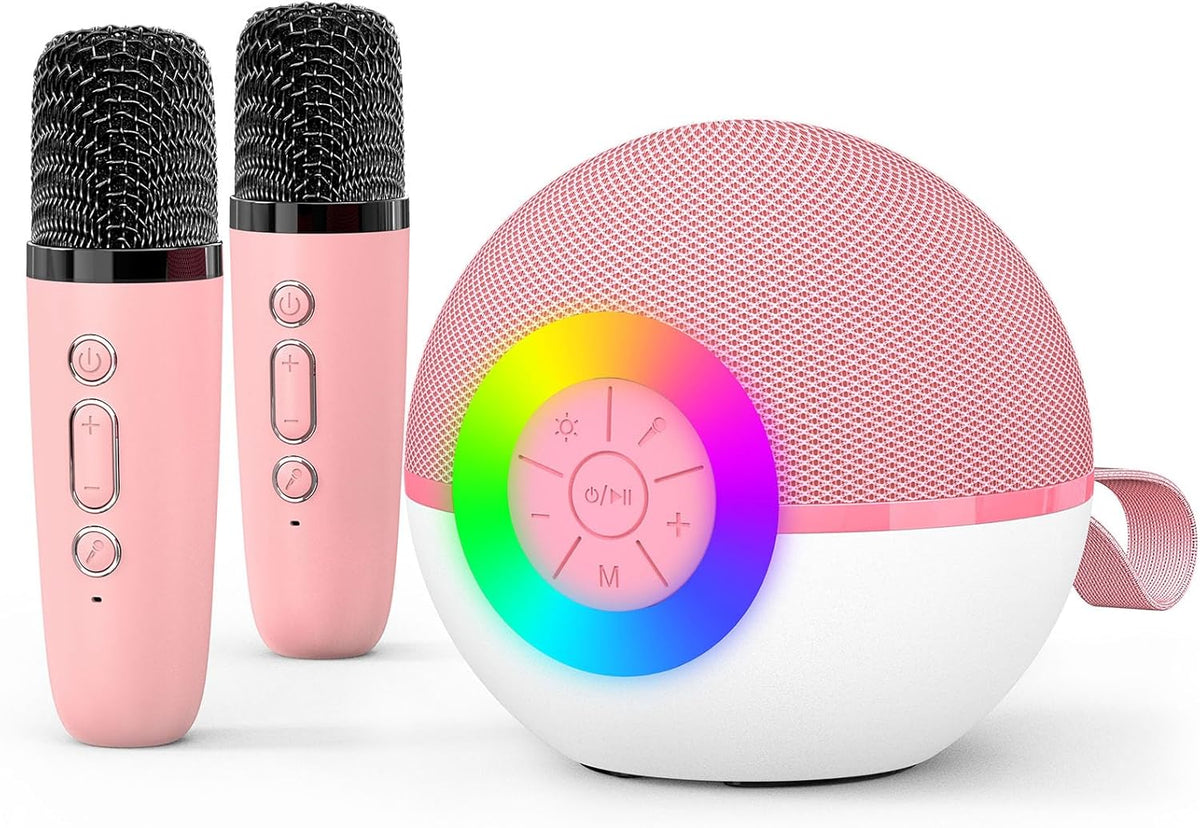 Mini altavoz de máquina de karaoke para niños y adultos, micrófono Bluetooth portátil, juguetes de canción con luz LED, el mejor regalo para festivales de cumpleaños de Navidad para niñas y niños de 3, 4, 5, 6, 7, 8 años en adelante (Rosa-2MIC)