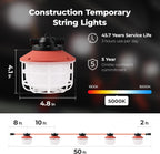 Cadena de luz de construcción de 50 pies y 75 W, certificado ETL, 18/2 SJTW