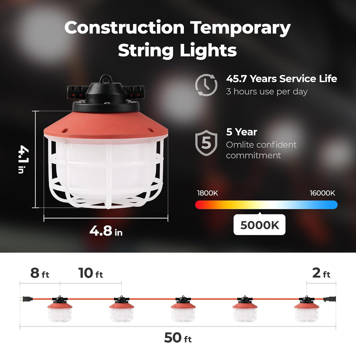 Cadena de luz de construcción de 50 pies y 75 W, certificado ETL, 18/2 SJTW