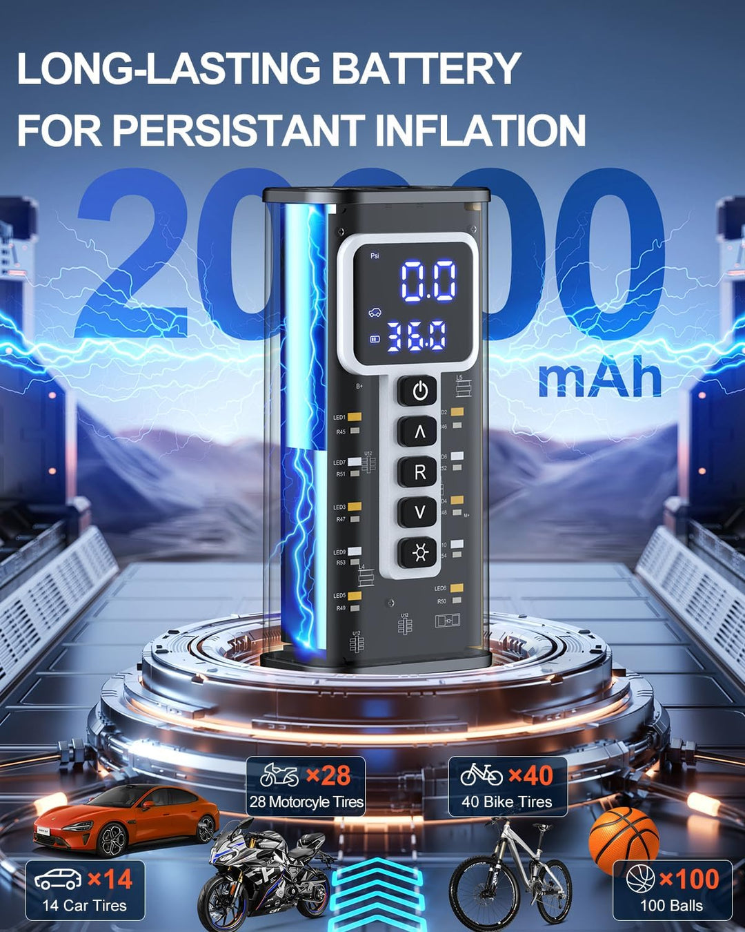 Teffim - Compresor de aire eléctrico portátil para inflar neumático...