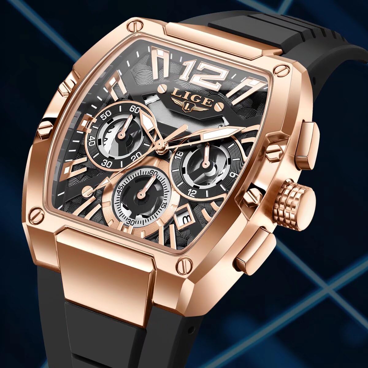 LIGE Reloj Hombre Skeleton Tonneau Cuadrado Cronógrafo Acero Inoxidable