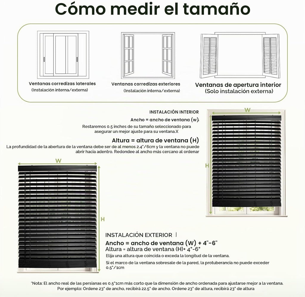 2" Persianas de Madera Verdadera sin Cables 23"W x 48"H Negro de Madera de Basswood para Ventanas Interiores