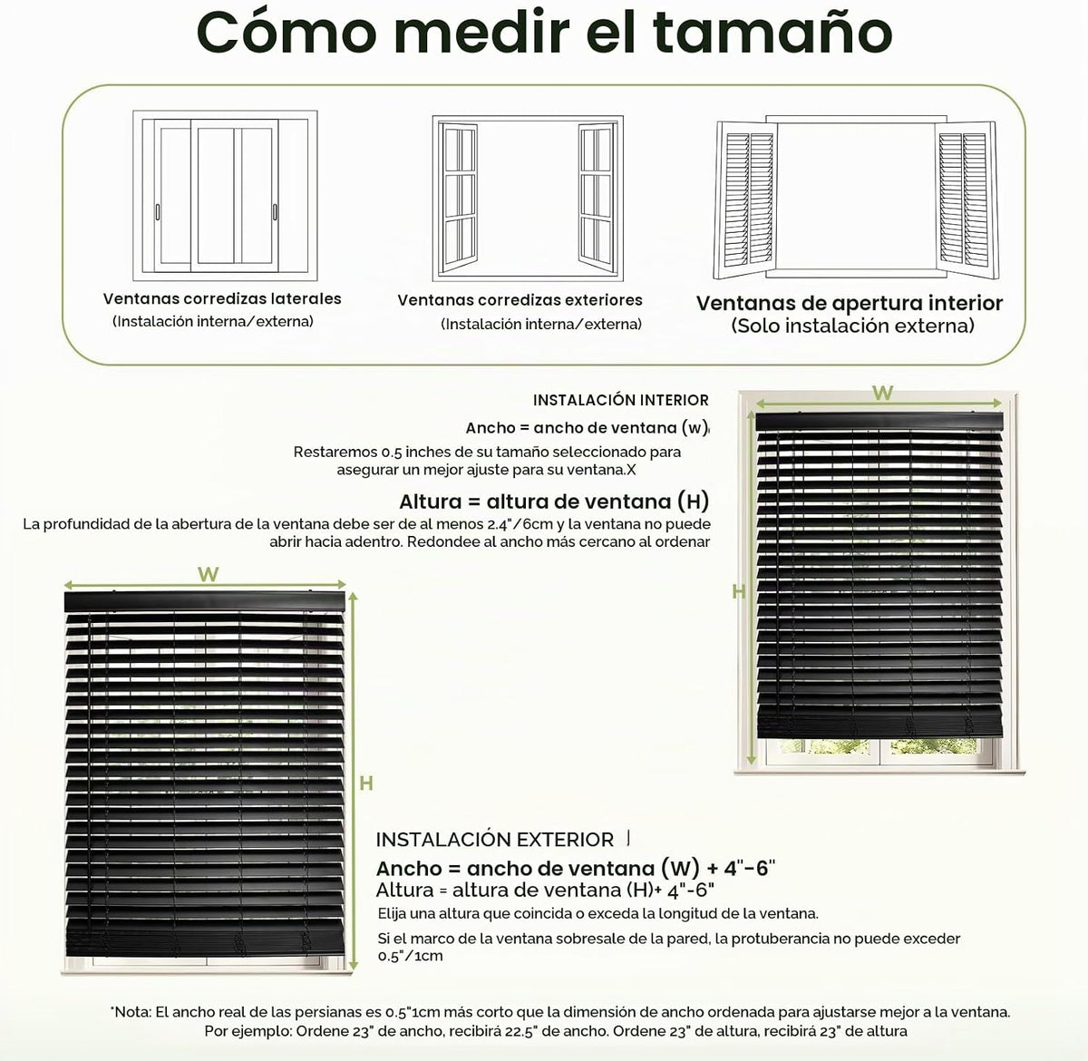 2" Persianas de Madera Verdadera sin Cables 23"W x 48"H Negro de Madera de Basswood para Ventanas Interiores