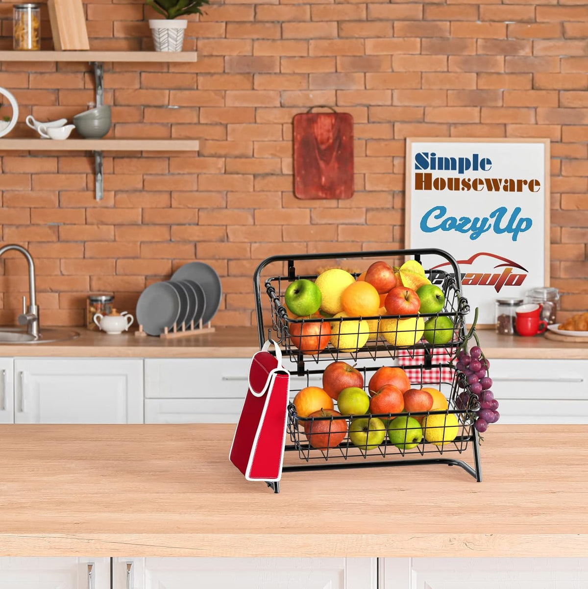 Simple Houseware Soporte rígido de 2 niveles para cesta de mercado, color negro