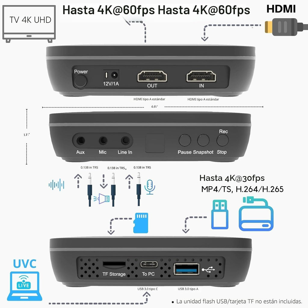 UHD Pro, grabadora de video 4K, DVR de captura HDMI con códec H.265/H.264, grabación cinemática de 4K a 24 fps (hasta 4K @30 fps), no requiere PC.