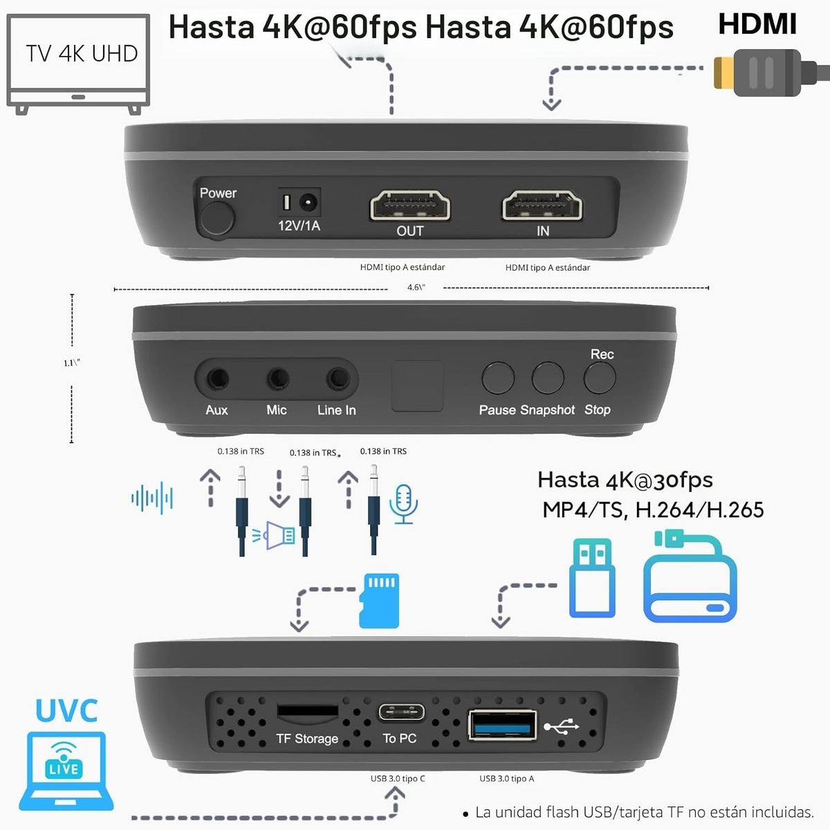 UHD Pro, grabadora de video 4K, DVR de captura HDMI con códec H.265/H.264, grabación cinemática de 4K a 24 fps (hasta 4K @30 fps), no requiere PC.