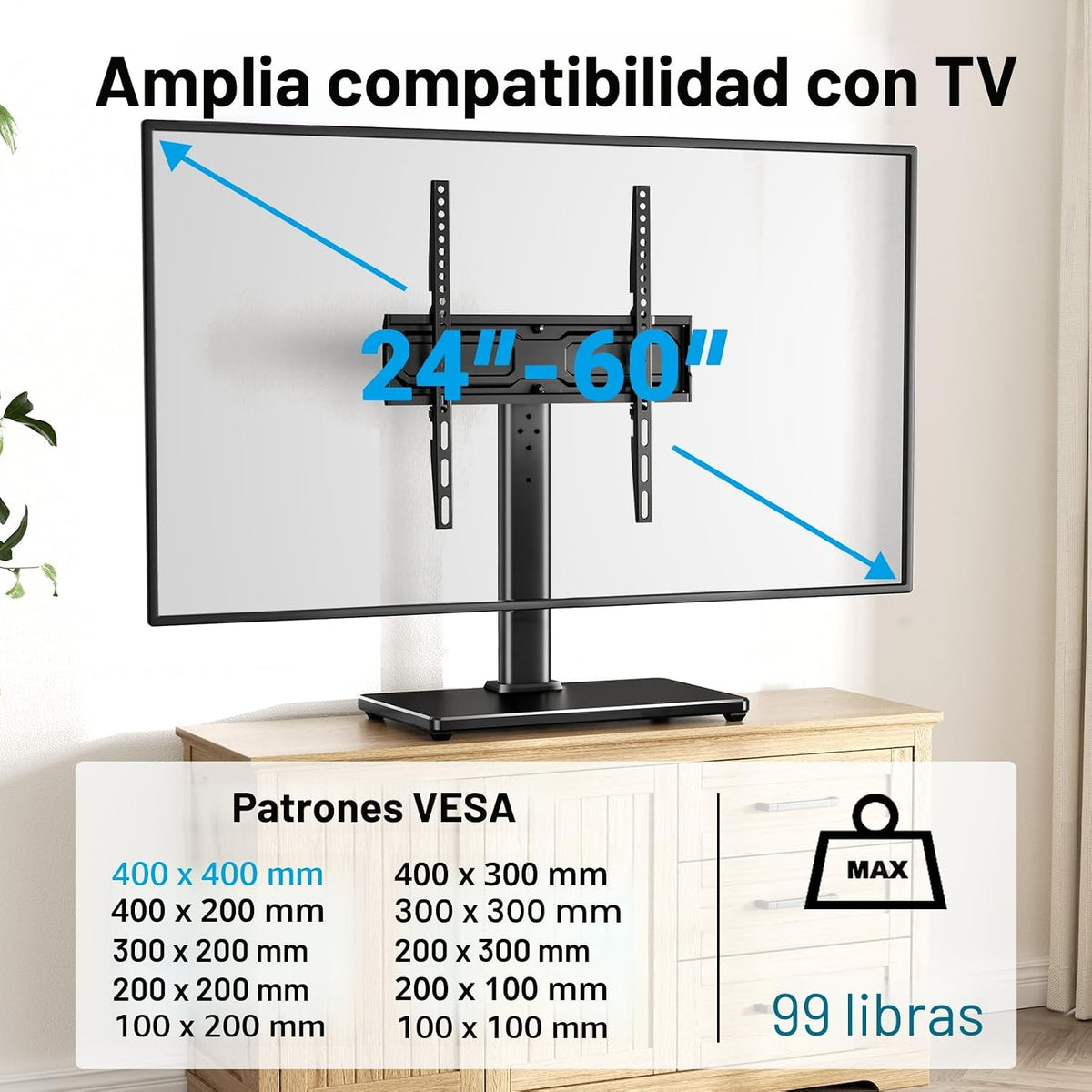 PERLESMITH Soporte giratorio universal para TV de 24 a 60 pulgadas de hasta 99 libras, soporte de TV de mesa ajustable de 12 alturas, soporte de base de TV con base de vidrio templado, VESA máximo de 15.748 x 15.748 in, PSTVS33