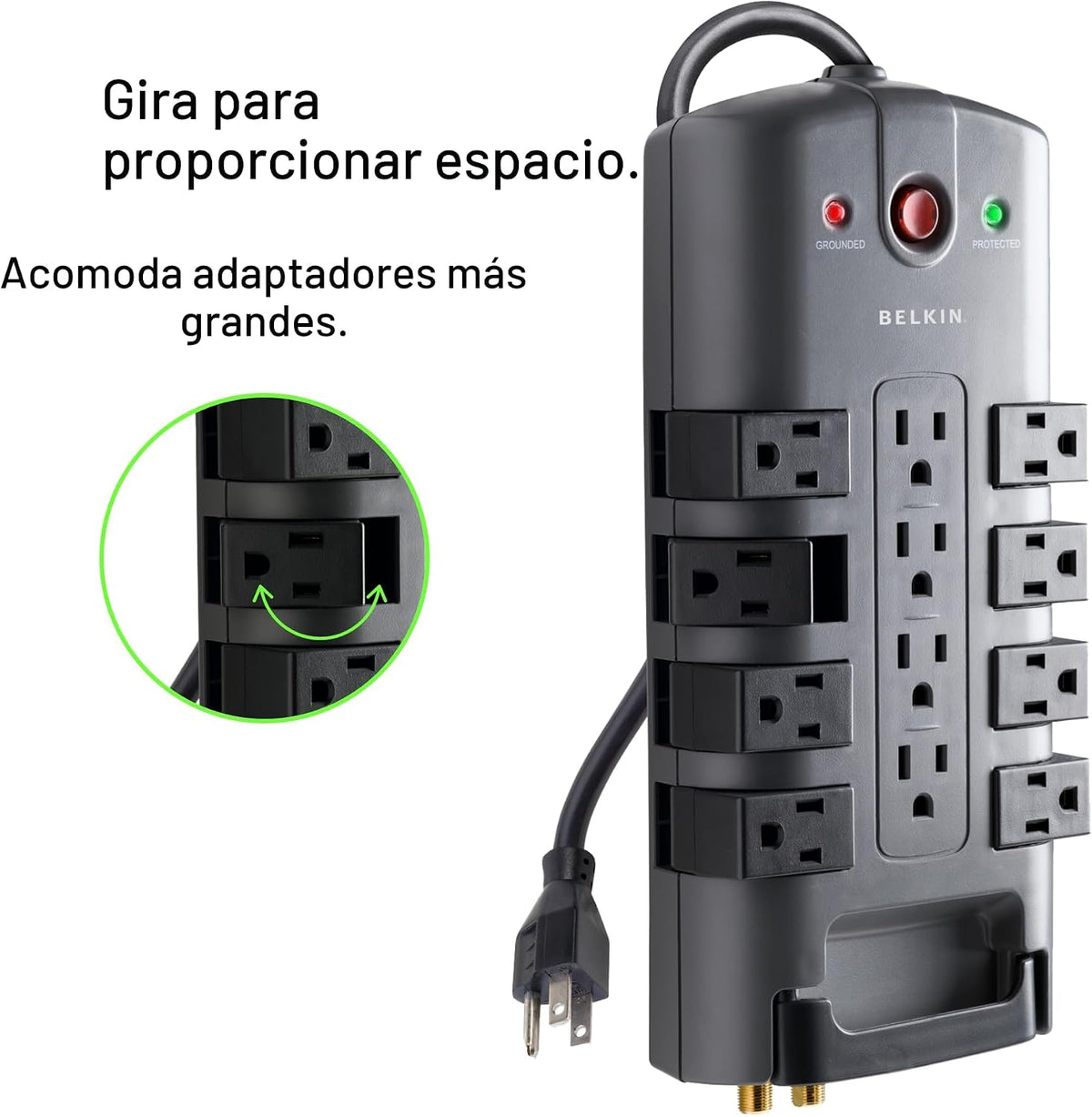 Regleta giratoria con protección contra sobretensión y protección para teléfono con cable de 6 pies de Belkin Estándar Gris