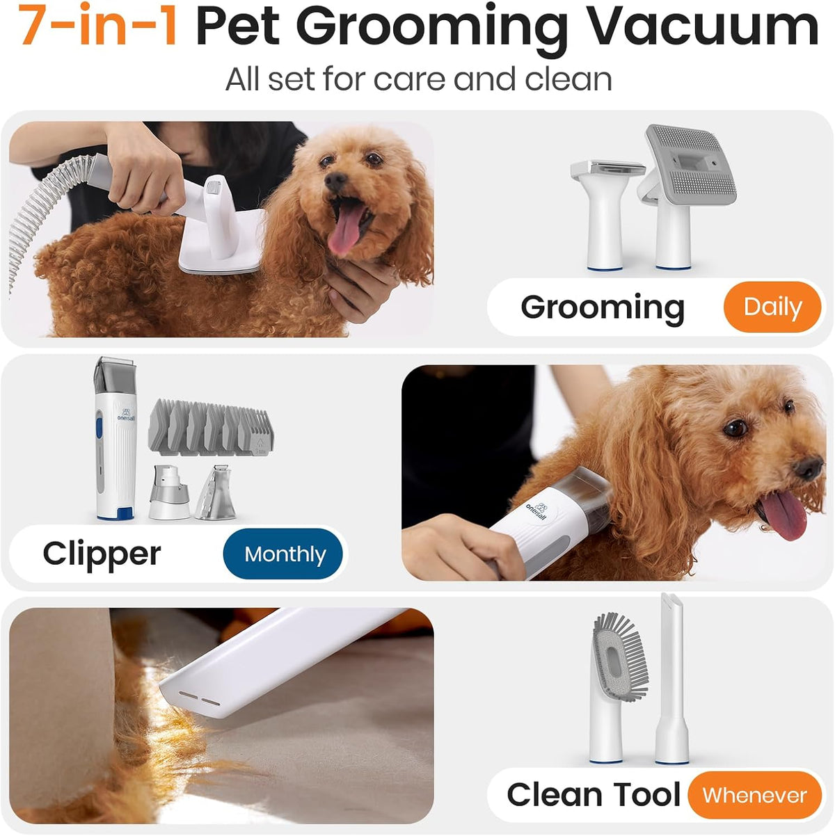 oneisall Aspiradora de aseo para perros, kit de aseo 7 en 1 Herramientas