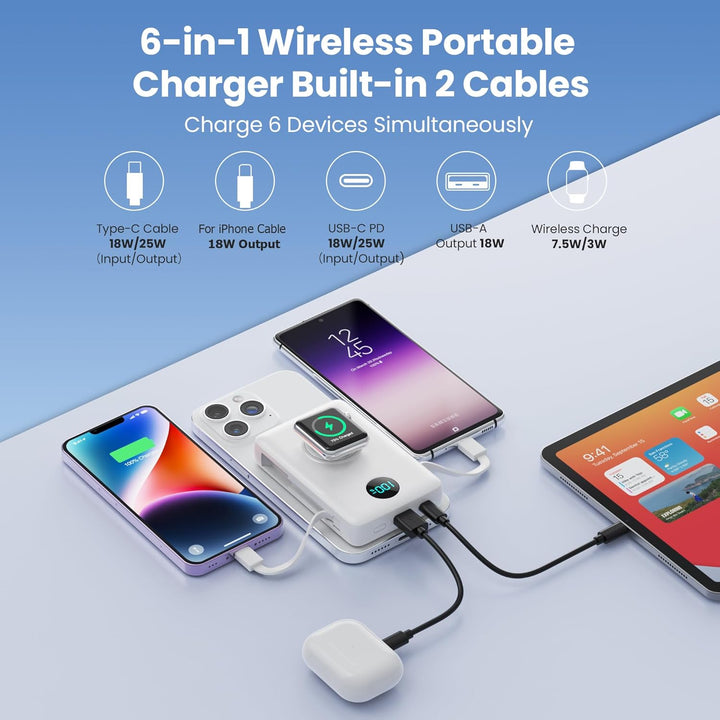 Cargador portátil magnético 6 en 1 para iPhone con cables incorpora...