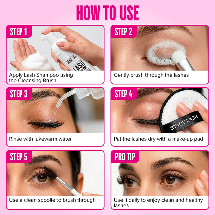 STACY LASH Kit de champú para pestañas, limpiador espumoso con carr...