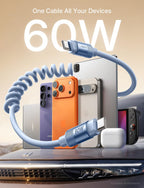 LISEN Cable USB C en espiral corto limpio paquete de 2 unidades de 60 W C a