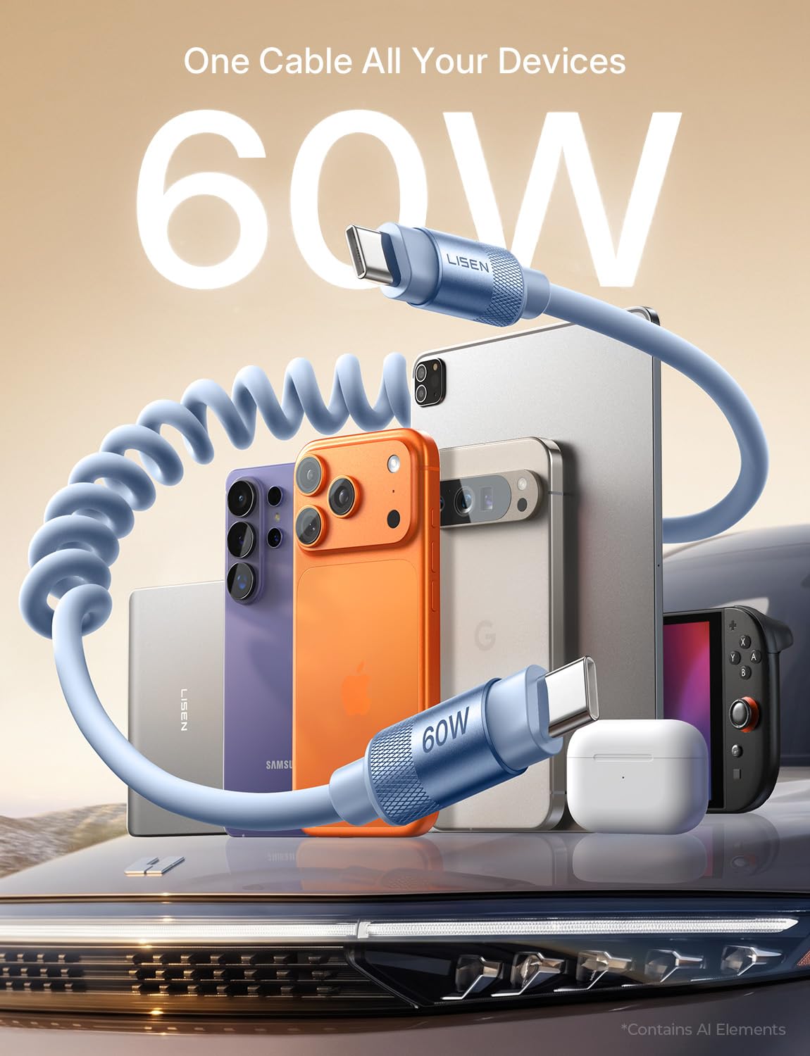 LISEN Cable USB C en espiral corto limpio paquete de 2 unidades de 60 W C a