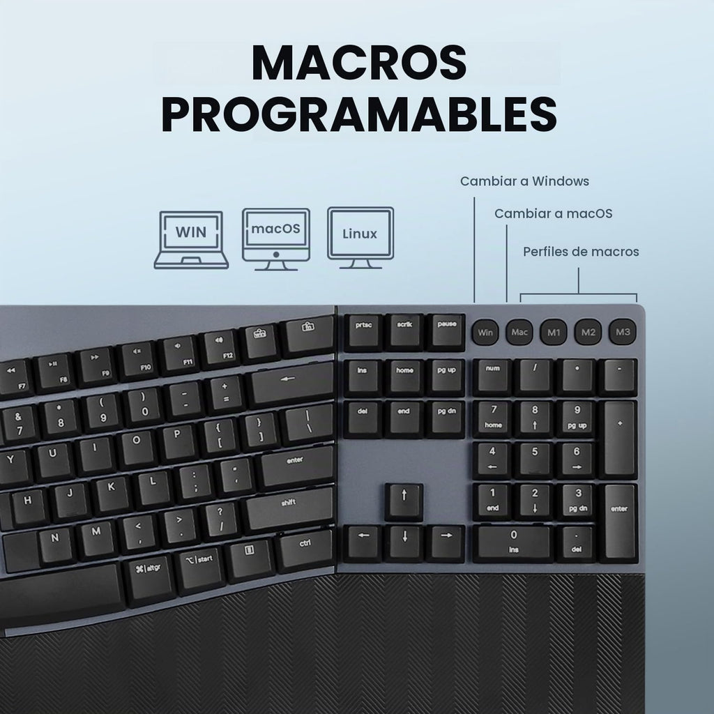 Perixx PERIBOARD-535BL [Firmware actualizado] Teclado mecánico ergonómico con cable, tamaño completo, interruptores azules de perfil bajo, compatible con Windows y macOS