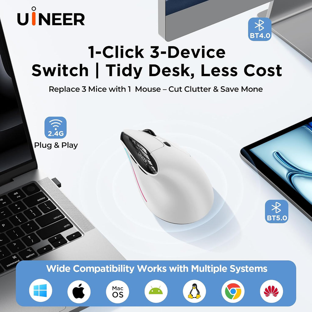 Uineer Ratón vertical inalámbrico ergonómico, 3 modos Bluetooth 5.0/4.0 y