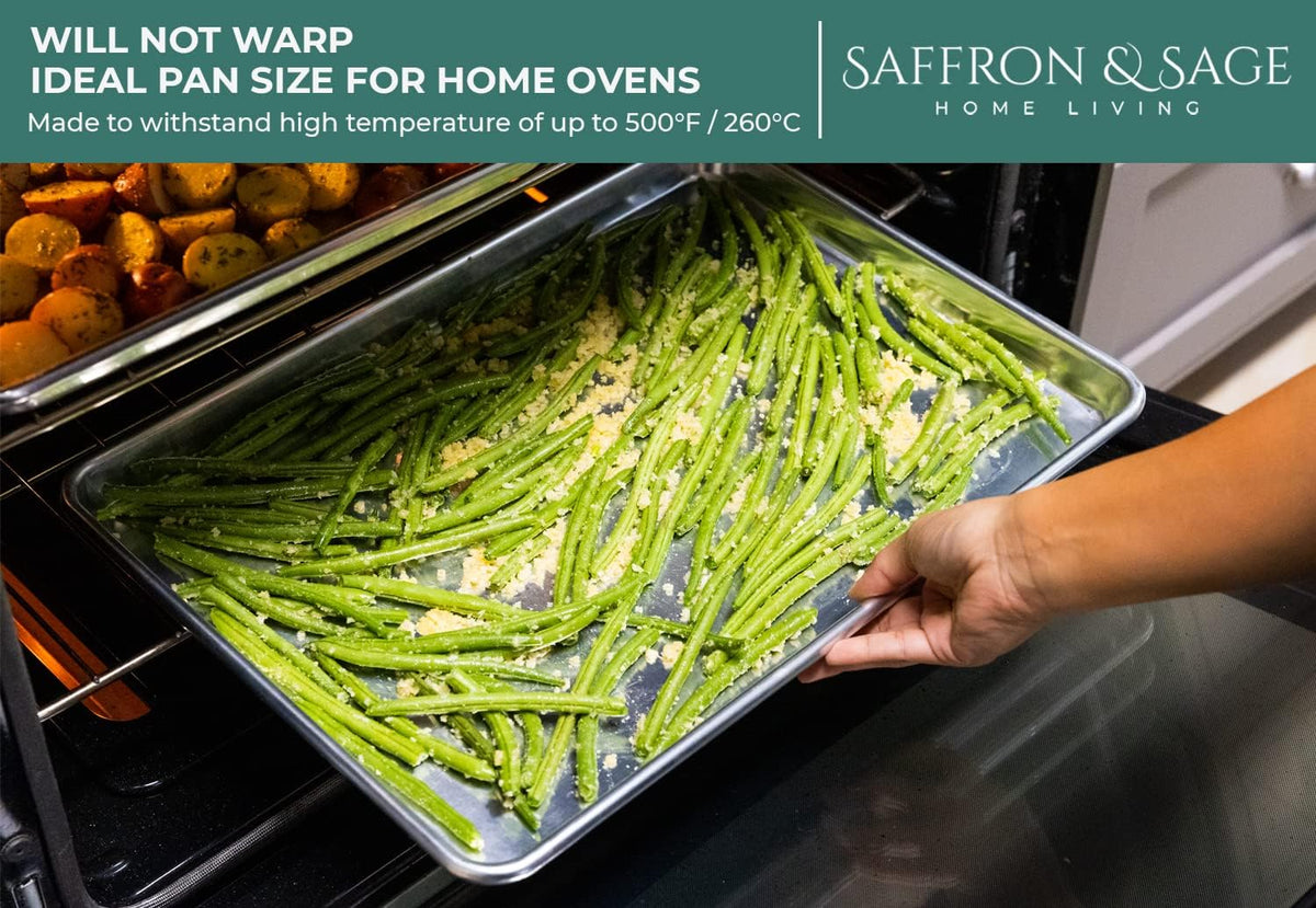 Saffron & Sage Home Living - Juego de 2 bandejas de aluminio para hornear de calidad comercial, paquete de 2 bandejas para hornear de media hoja, este juego de bandejas para hornear con borde de 18 x