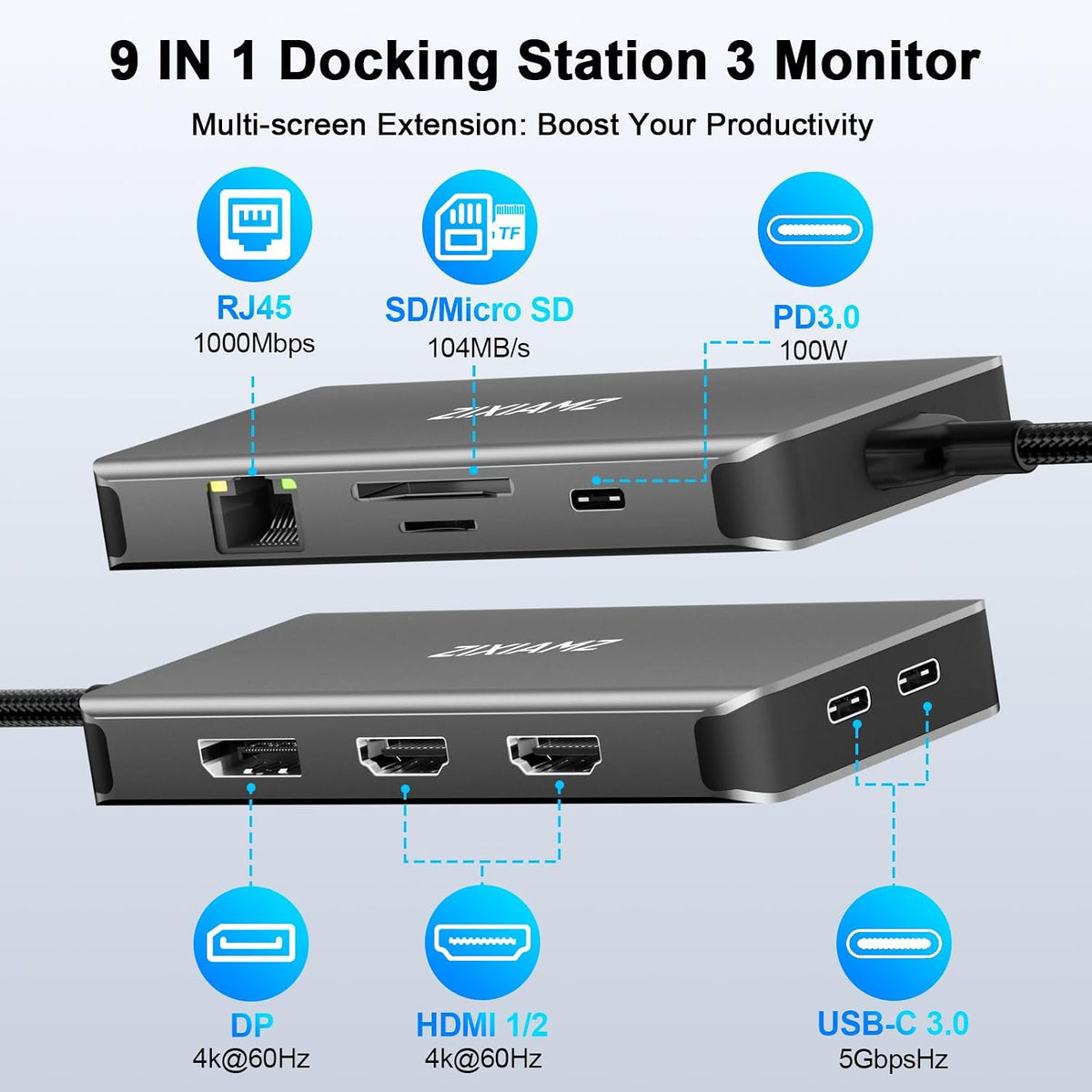 Estación de acoplamiento para portátil 3 monitores, USB C Dock 4K@60Hz con